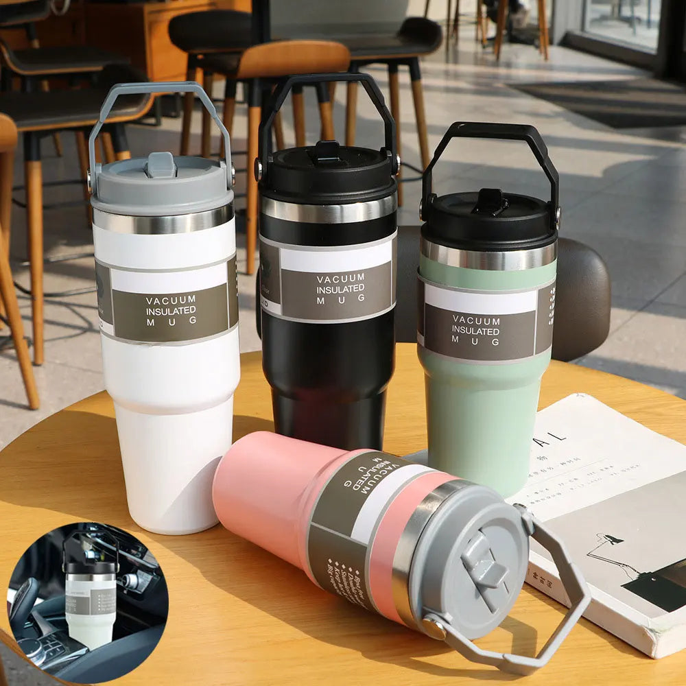 Tasse de voiture portable Tasse en acier inoxydable Bouteille d'eau de sport de voyage avec couvercle de poignée Tasse à café