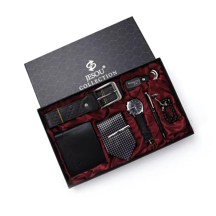 Costume cadeau pour homme Emballage exquis Montre Ceinture Cravate Portefeuille Combinaison simple
