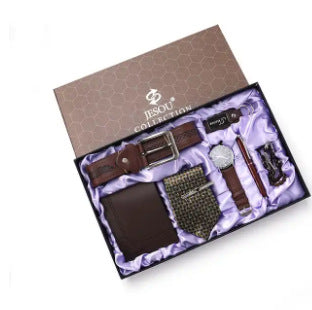 Costume cadeau pour homme Emballage exquis Montre Ceinture Cravate Portefeuille Combinaison simple