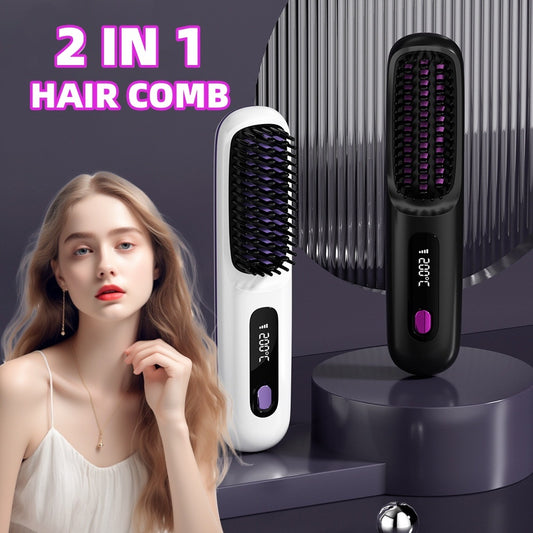 Peigne Ă cheveux droits 2 en 1 Lisseur de cheveux sans fil Brosse Ă cheveux Chauffage rapide Bigoudis chaud portable Charge USB