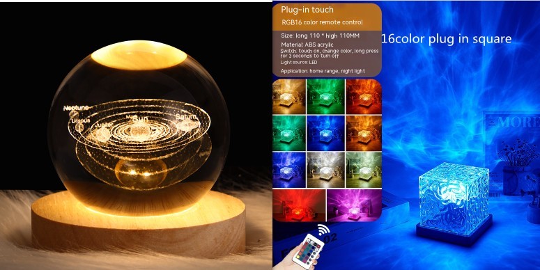 LED ondulation de l'eau veilleuse ambiante USB rotatif Projection cristal lampe de Table RGB réglable décoration de la maison 16 couleurs cadeaux