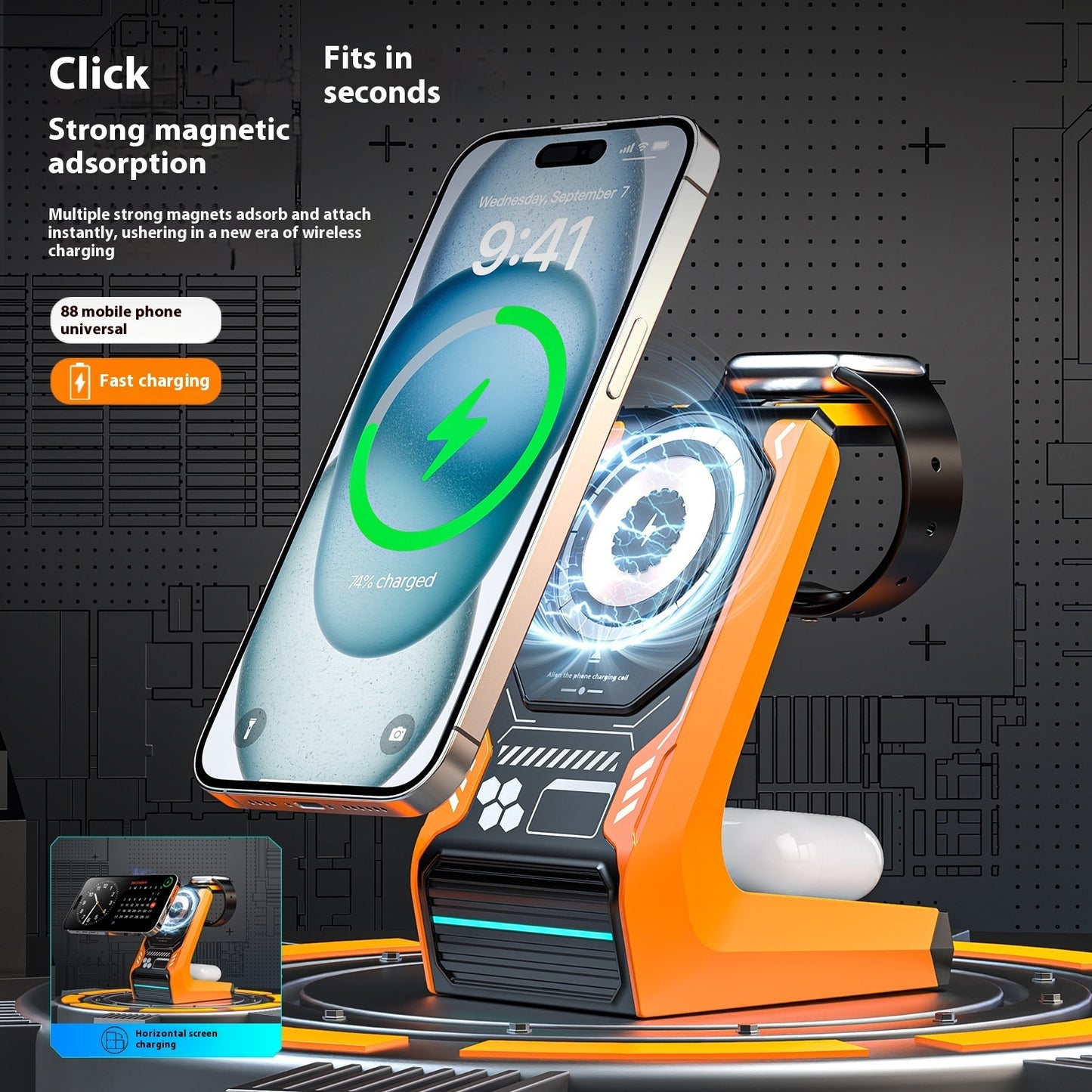 Chargeur sans fil magnétique trois-en-un Support de téléphone portable