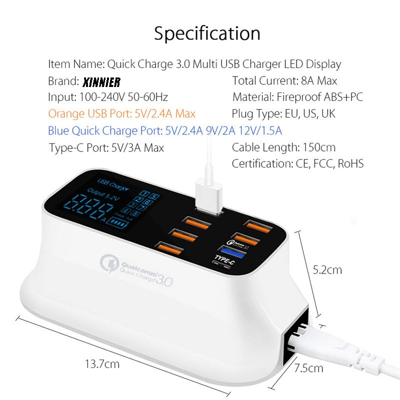 Station de charge USB intelligente ordinaire Quick Charge 3.0