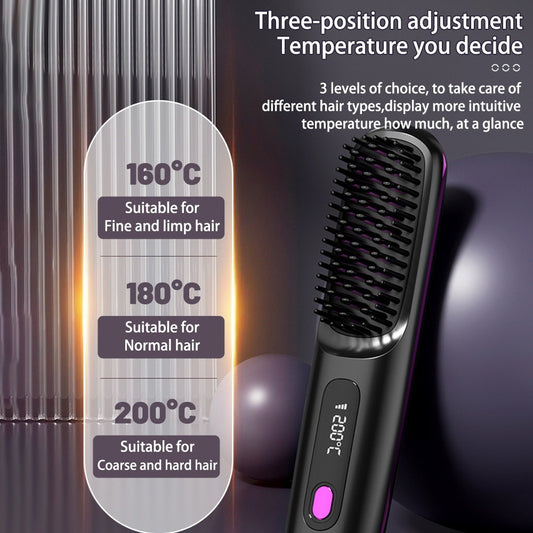 Peigne à cheveux droits 2 en 1 Lisseur de cheveux sans fil Brosse à cheveux Chauffage rapide Bigoudis chaud portable Charge USB